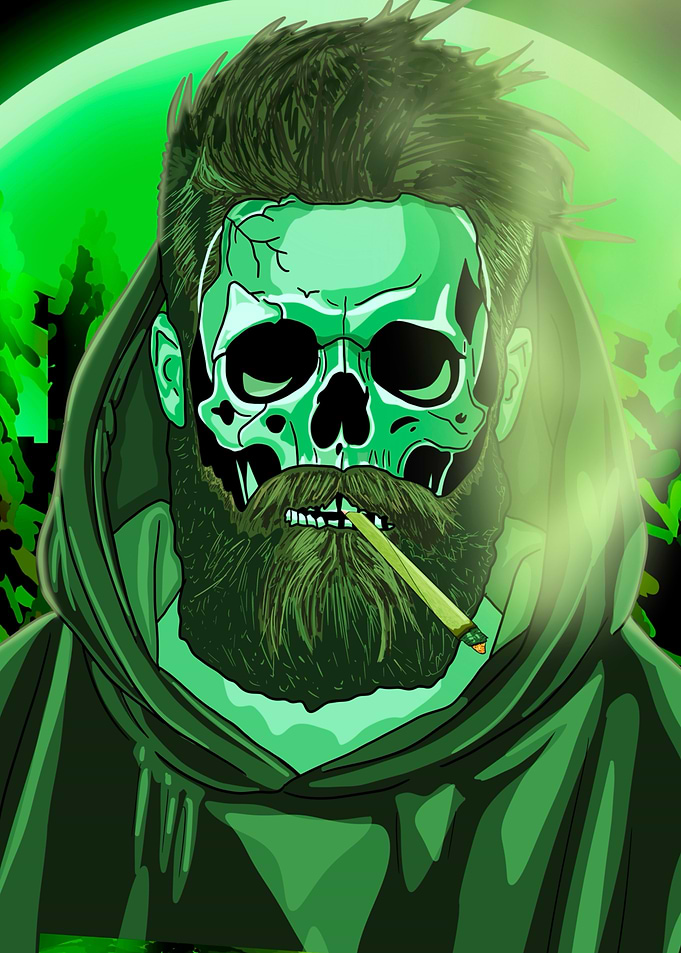 Green Skull Man smoking a spliff