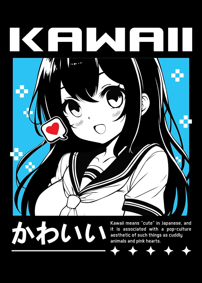 Anime girl poster with kawaii cute on y2k, cyberpunk, future, virtual reality, retro futuristic style. Tokyo Japan cute anime girl. Anime girl posters graphic y2k illustration.