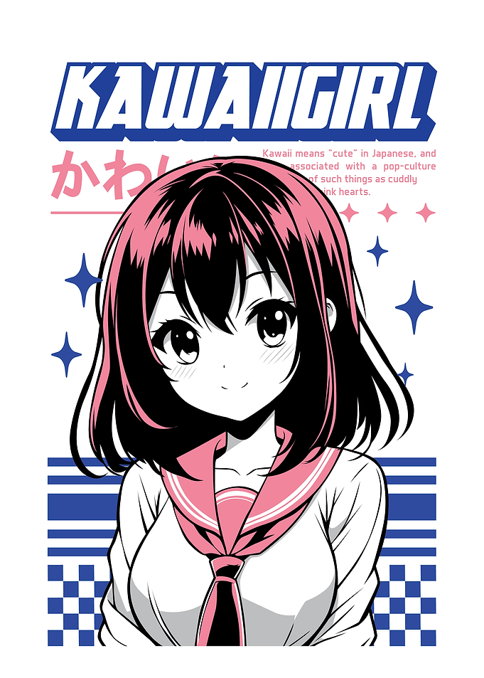 Anime girl poster with kawaii cute on y2k, cyberpunk, future, virtual reality, retro futuristic style. Tokyo Japan cute anime girl. Anime girl posters graphic y2k illustration.