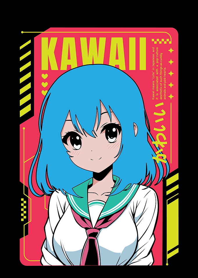 Anime girl poster with kawaii cute on y2k, cyberpunk, future, virtual reality, retro futuristic style. Tokyo Japan cute anime girl. Anime girl posters graphic y2k illustration