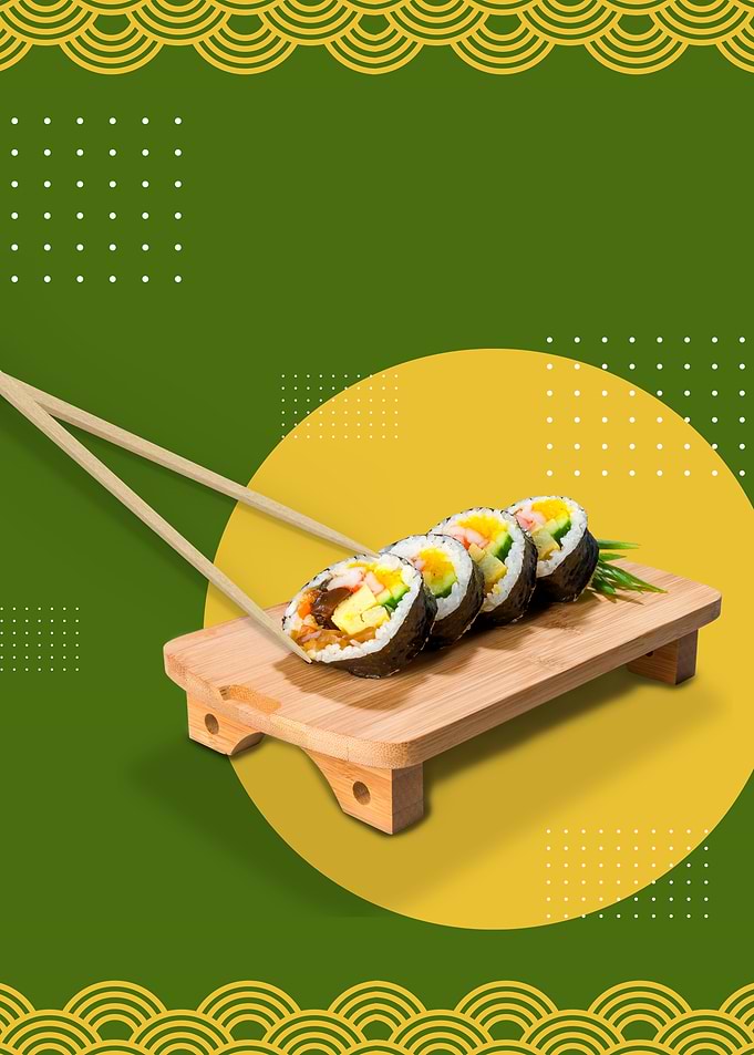 Sushi Rolls on Wooden Plate