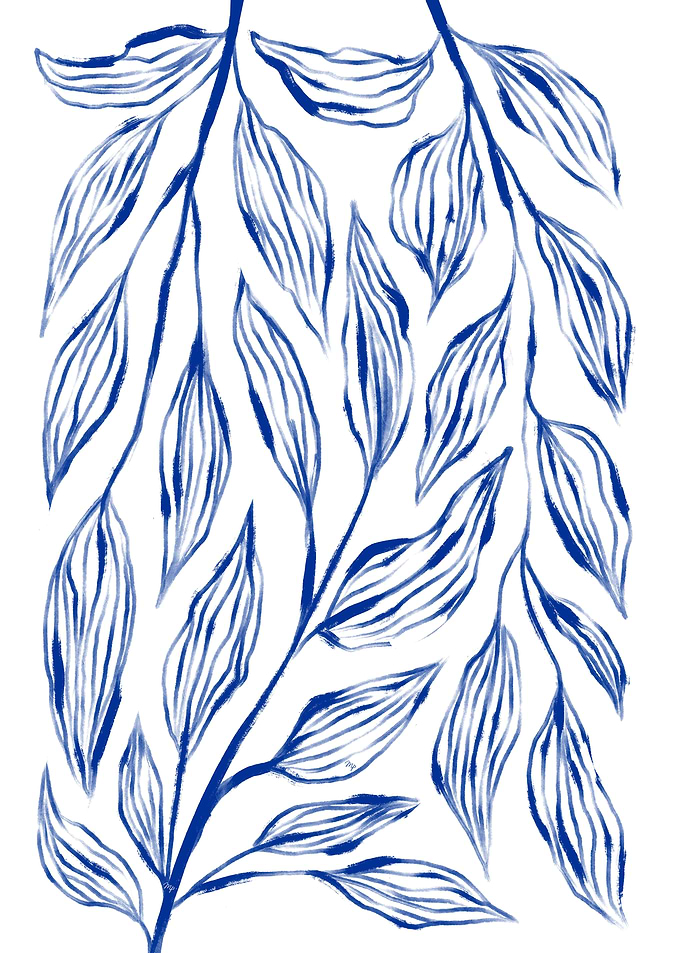 Blue Ink Leaf Branch Art