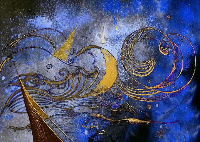 Sailing Boats on Golden Waves
