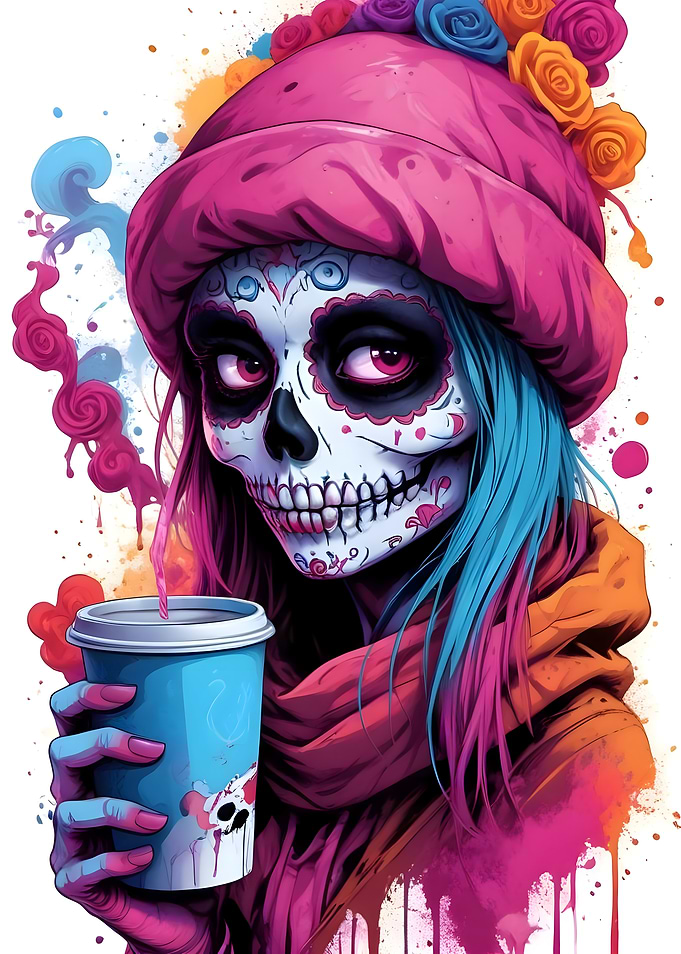 Sugar Skull Girl with Coffee