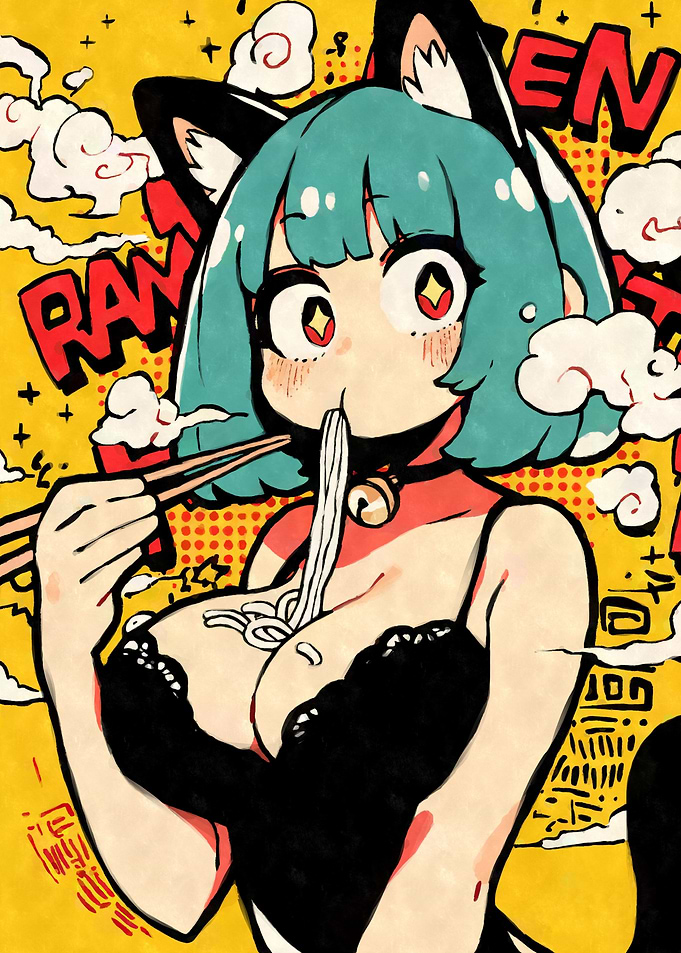 Cat Girl Eating Ramen Noodles