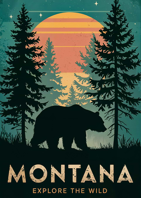 Montana Bear Sunset Poster — retro travel art printed on metal