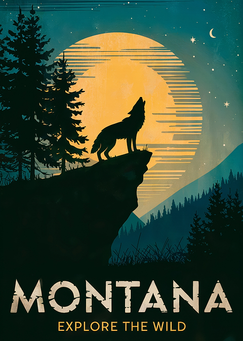 Montana Wolf Silhouette — vintage travel poster on metal