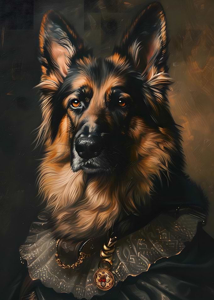 Regal German Shepherd portrait in Renaissance Attire