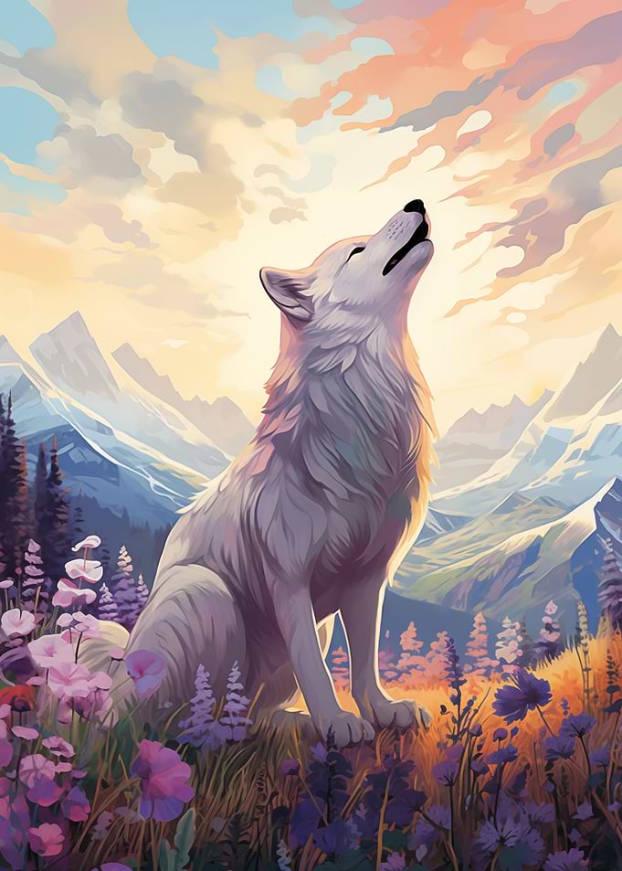 Wolf Howling at Sunset