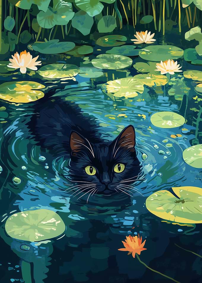 Black Cat in Water Lilies
