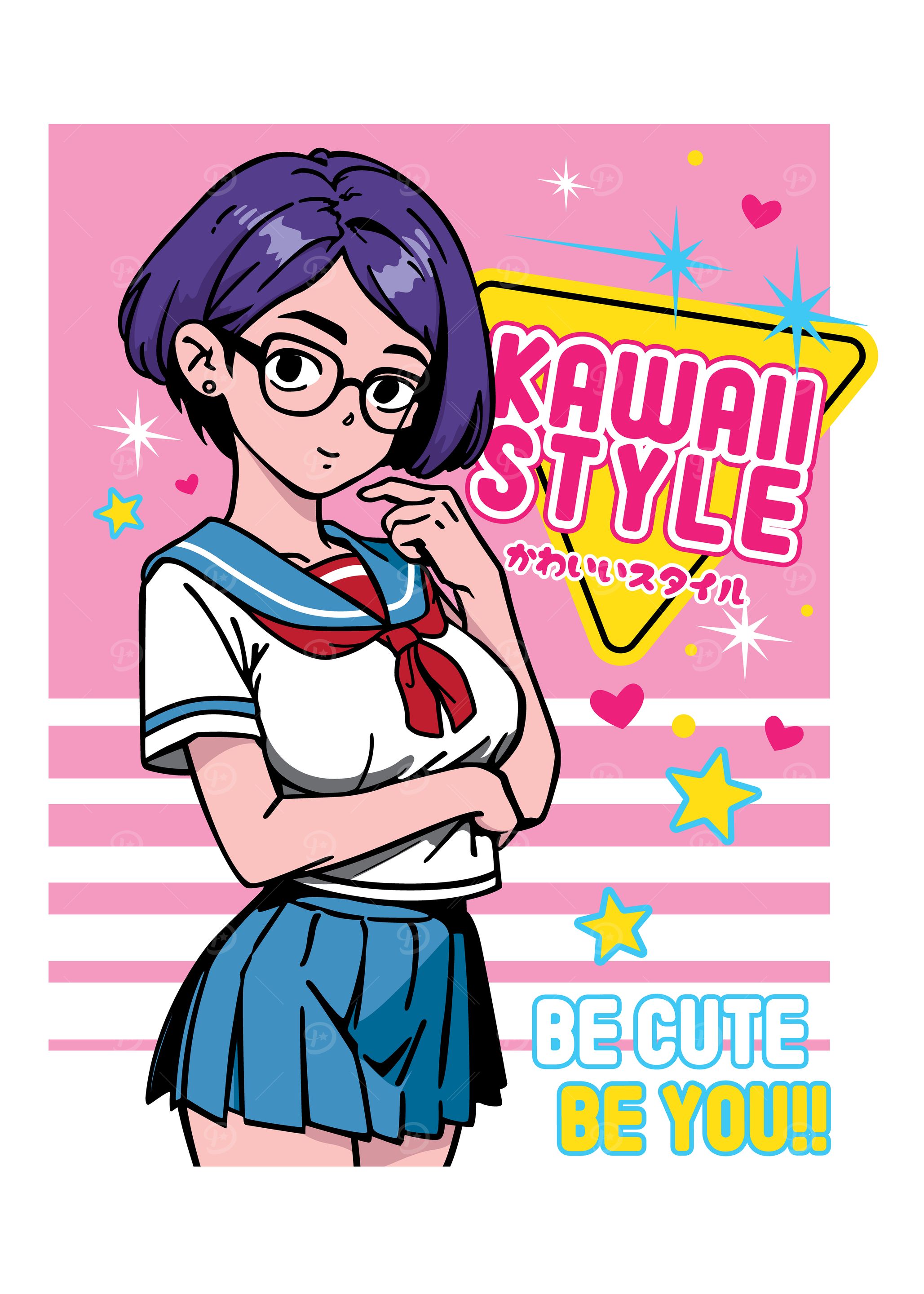 Anime girl poster with kawaii cute on y2k, cyberpunk, future, virtual reality, retro futuristic style. Tokyo Japan cute anime girl. Anime girl posters graphic y2k illustration