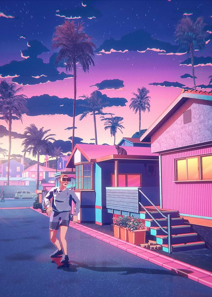Retro Skateboarding Sunset