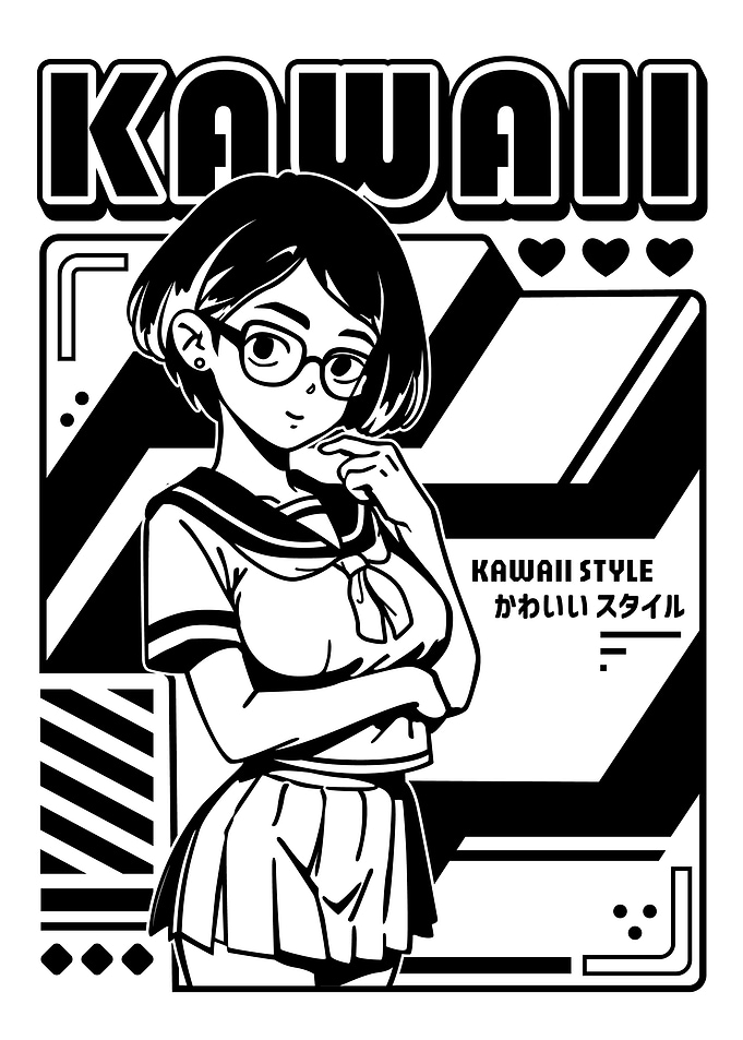 Anime girl poster with kawaii cute on y2k, cyberpunk, future, virtual reality, retro futuristic style. Tokyo Japan cute anime girl. Anime girl posters graphic y2k illustration