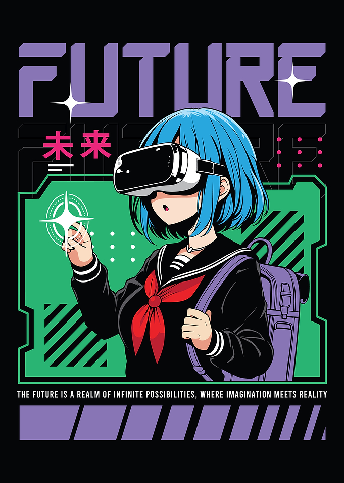 Anime girl poster with kawaii cute on y2k, cyberpunk, future, virtual reality, retro futuristic style. Tokyo Japan cute anime girl. Anime girl posters graphic y2k illustration