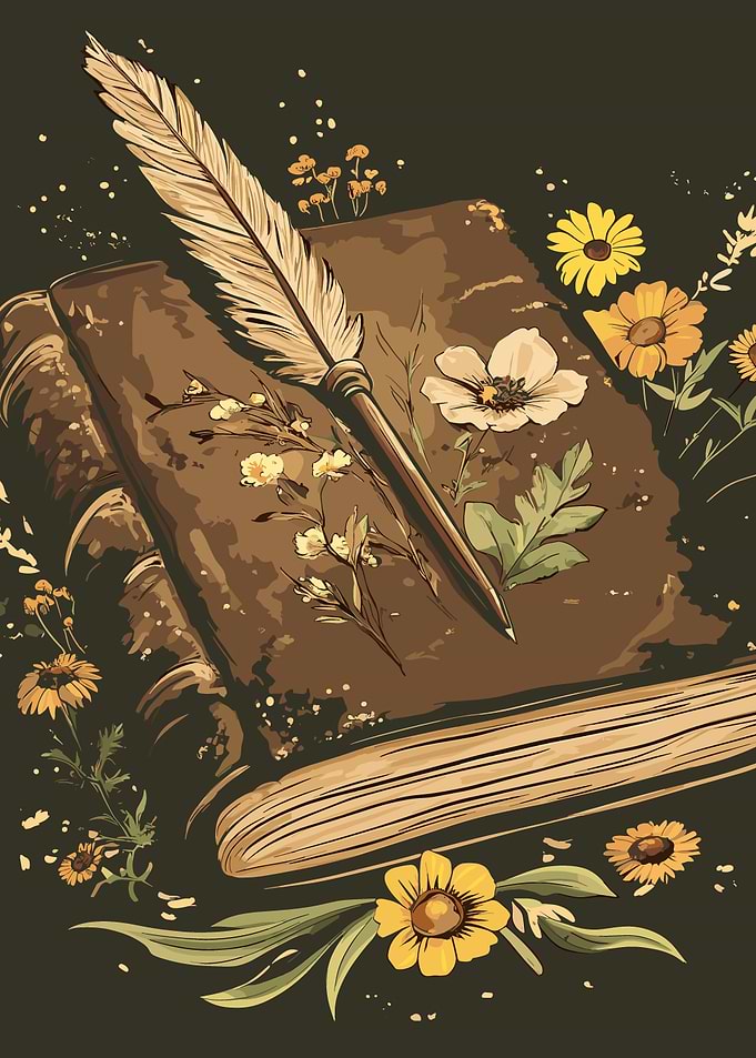 Green Academia - Vintage Book with Quill and Flowers