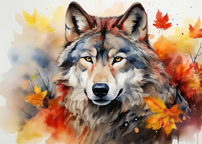 Wolf in autumn leaves