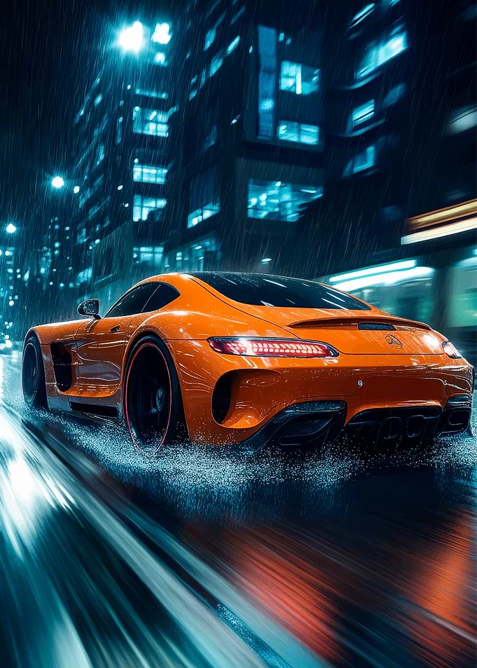 Orange Sports Car in Rain