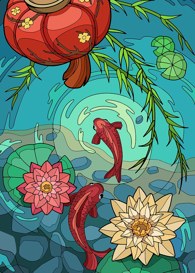 Koi Pond with Lotus Flowers