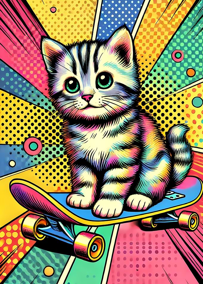Cat on Skateboard Pop Art