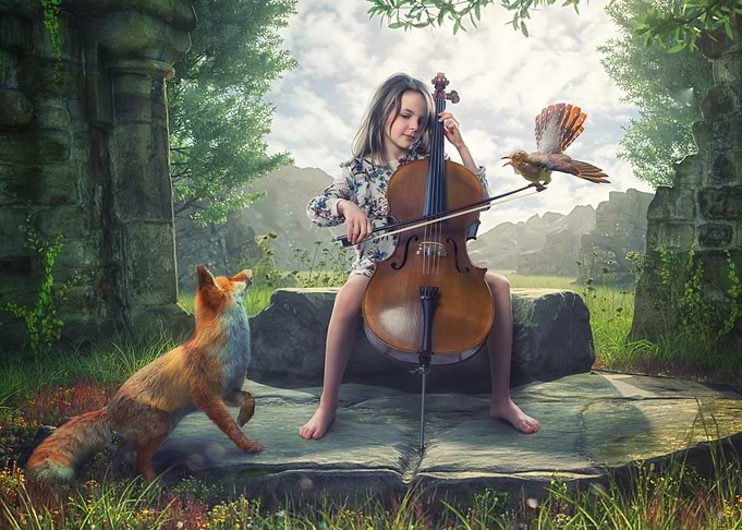 Girl Playing Cello in Forest