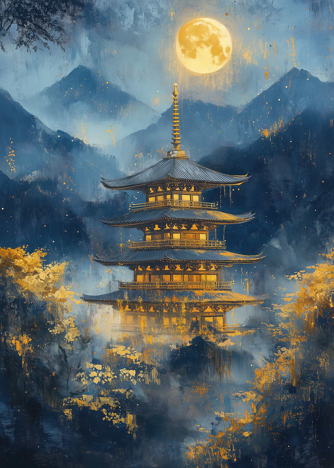 Japanese Pagoda Under Full Moon