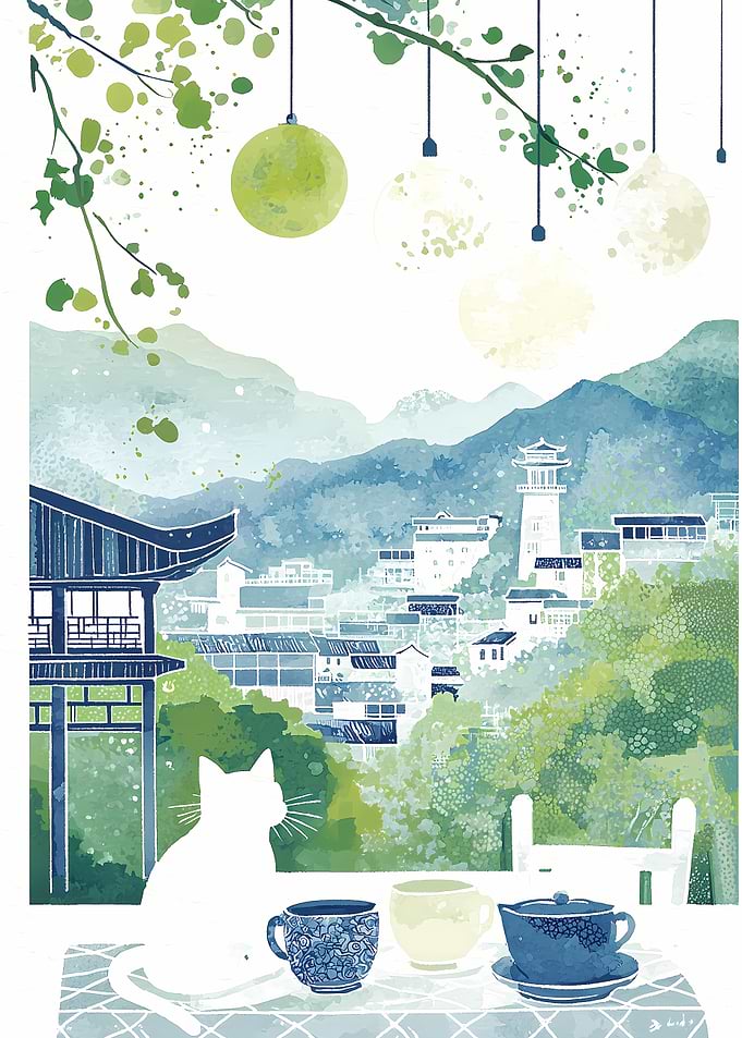 Cat with Tea and Mountain View
