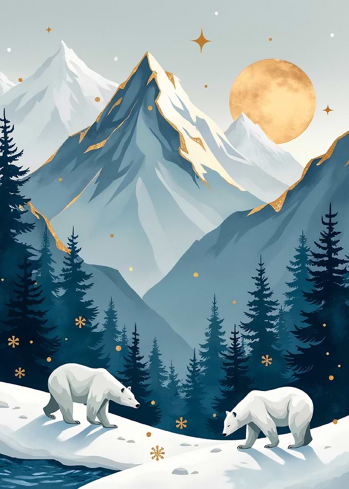 Polar Bears in Snowy Mountains