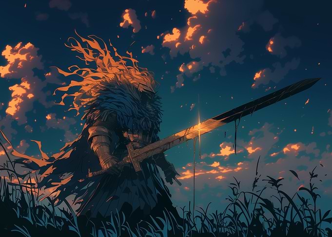 Knight with Sword at Sunset