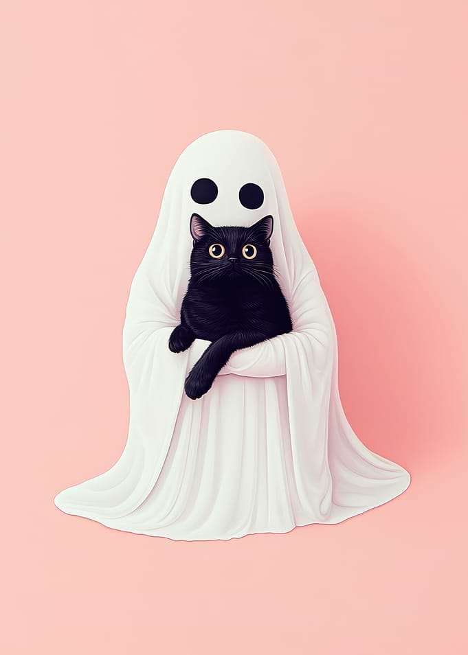 Cute Halloween Ghost Cuddling a Black Cat