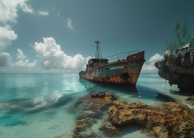 Rusty Shipwreck on a Tropical Beach