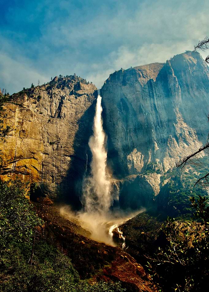 Yosemite Waterfall Mist and Forest Fire Smoke