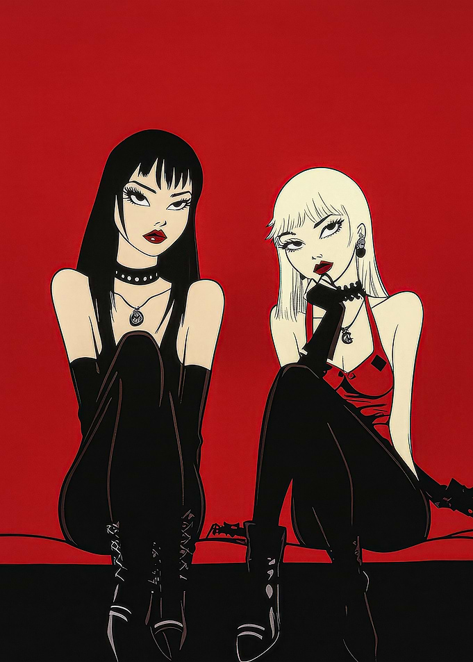 Two Women in Red and Black