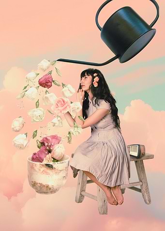 Woman with Flowers and Watering Can