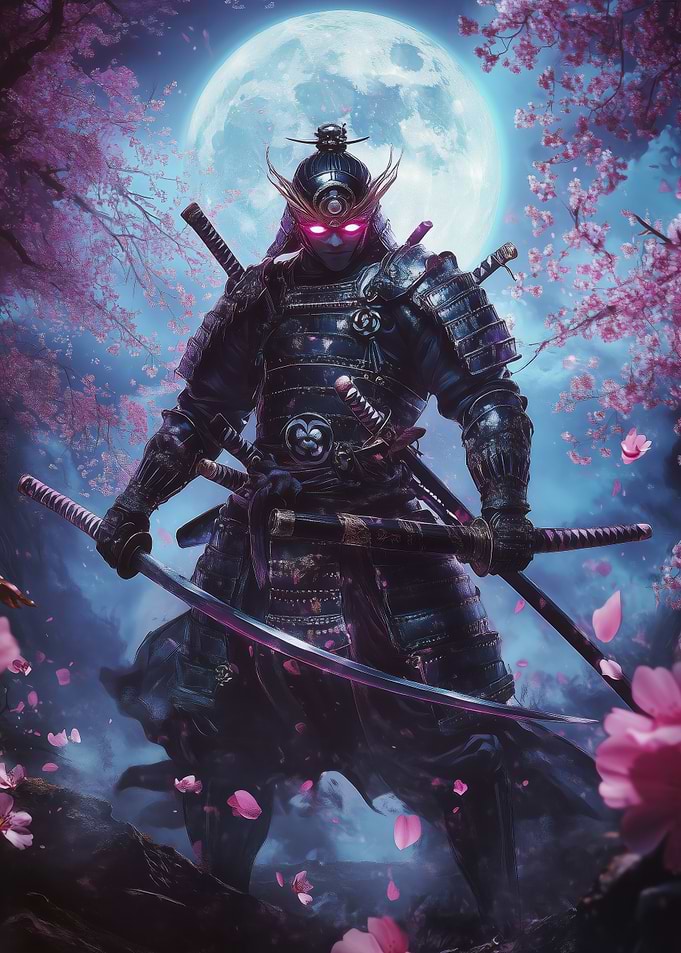 Neon Samurai Under Moon