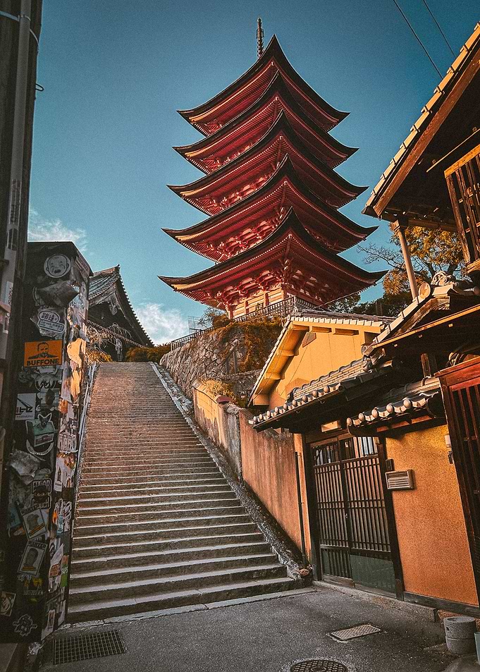 Japanese Pagoda and Stone Steps at Miyajima
