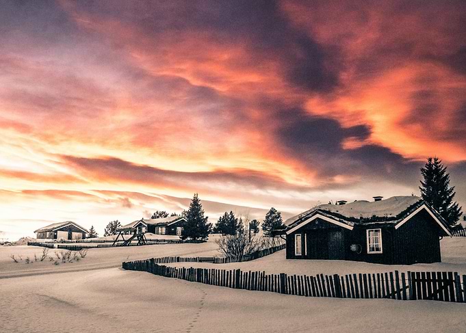 Snowy Cabin Sunset