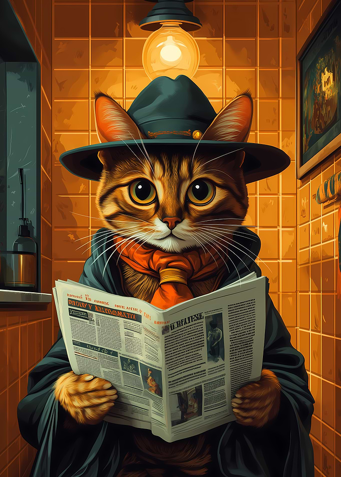 Cat in a Hat Reading Newspaper Toliet