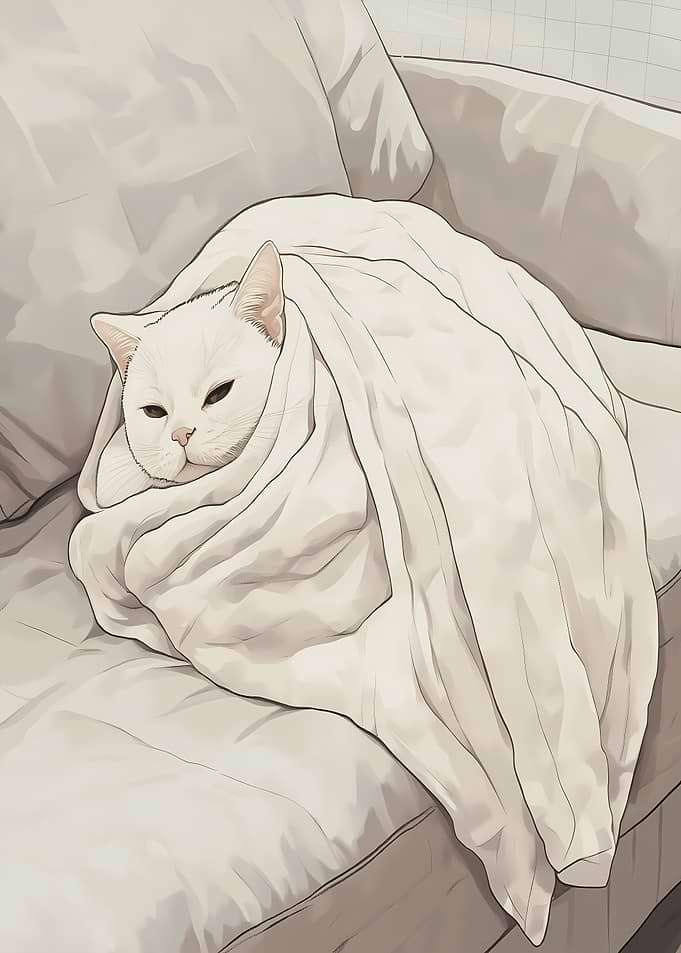 White Cat Snuggling in Blanket