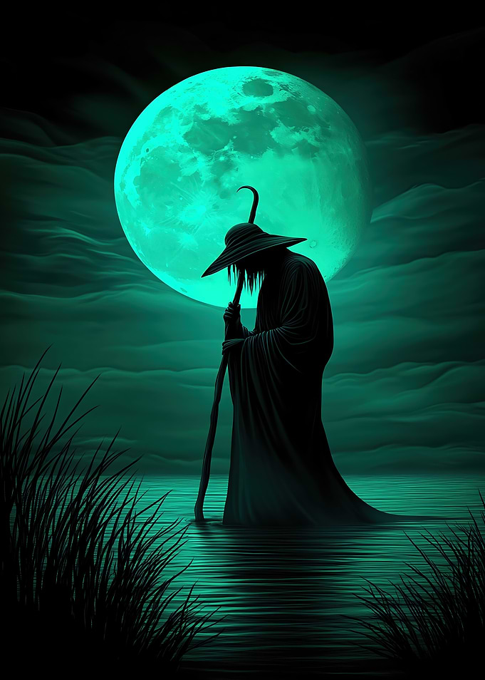 Mystic Wanderer Silhouetted Under the Green Moon
