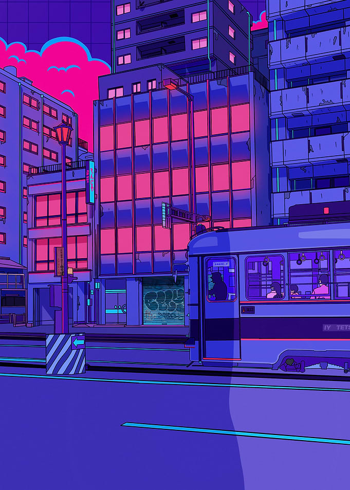 Neon Cityscape with Tram