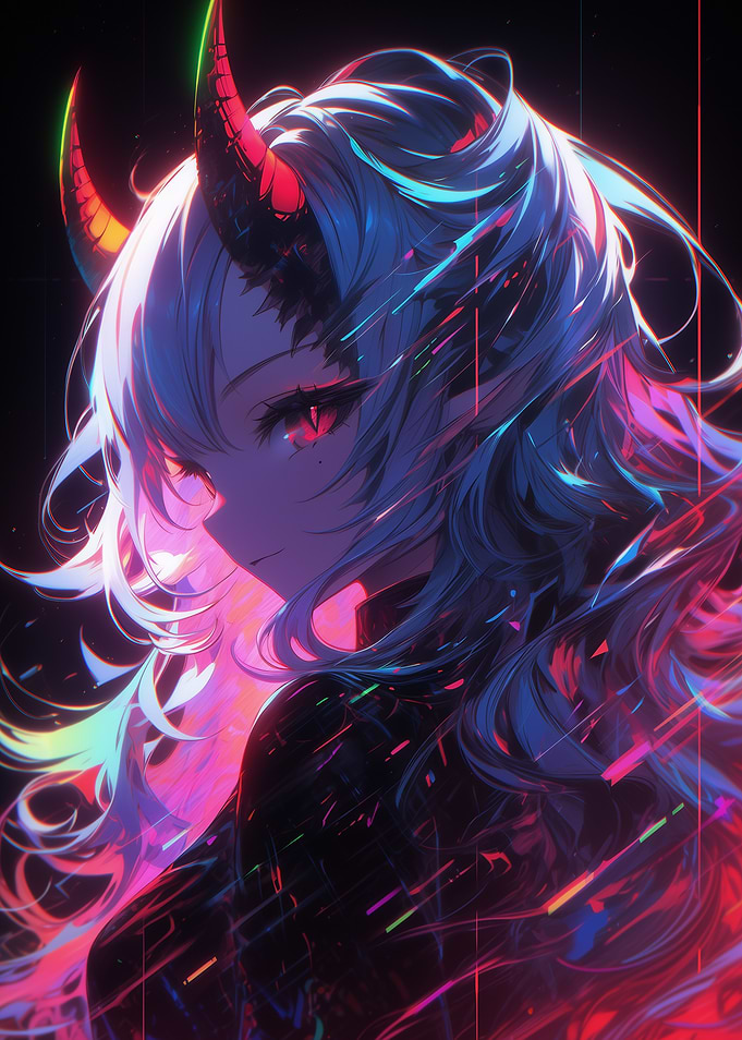 Anime Demon Girl with Neon Hair