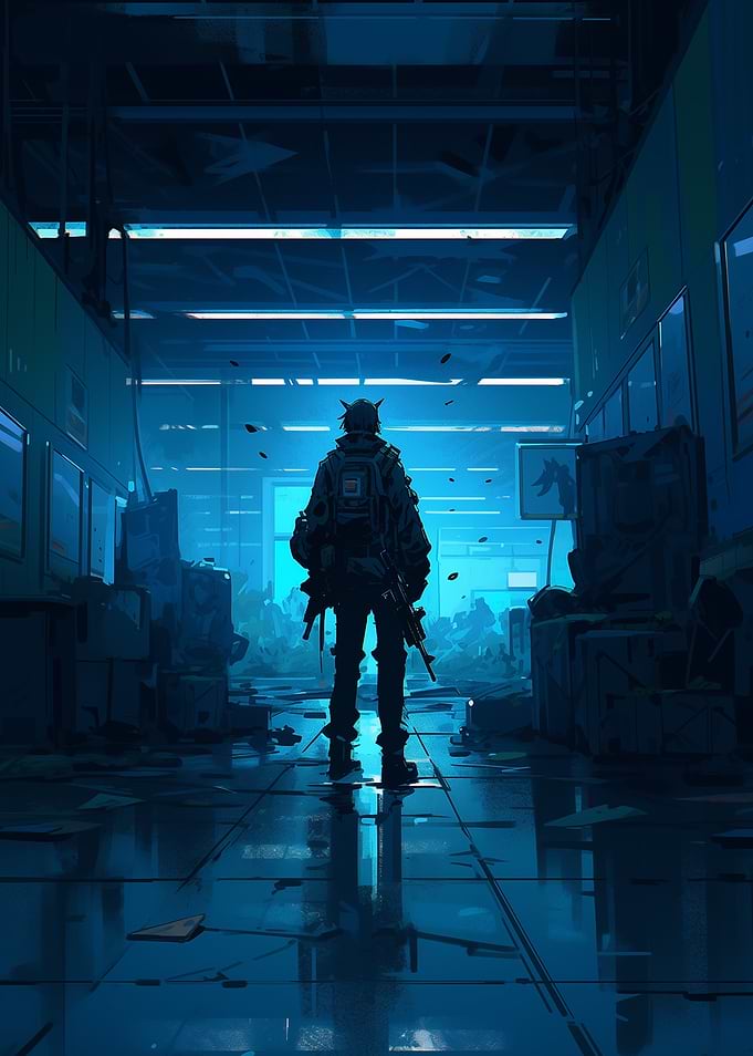 Lone Figure in Blue Hallway