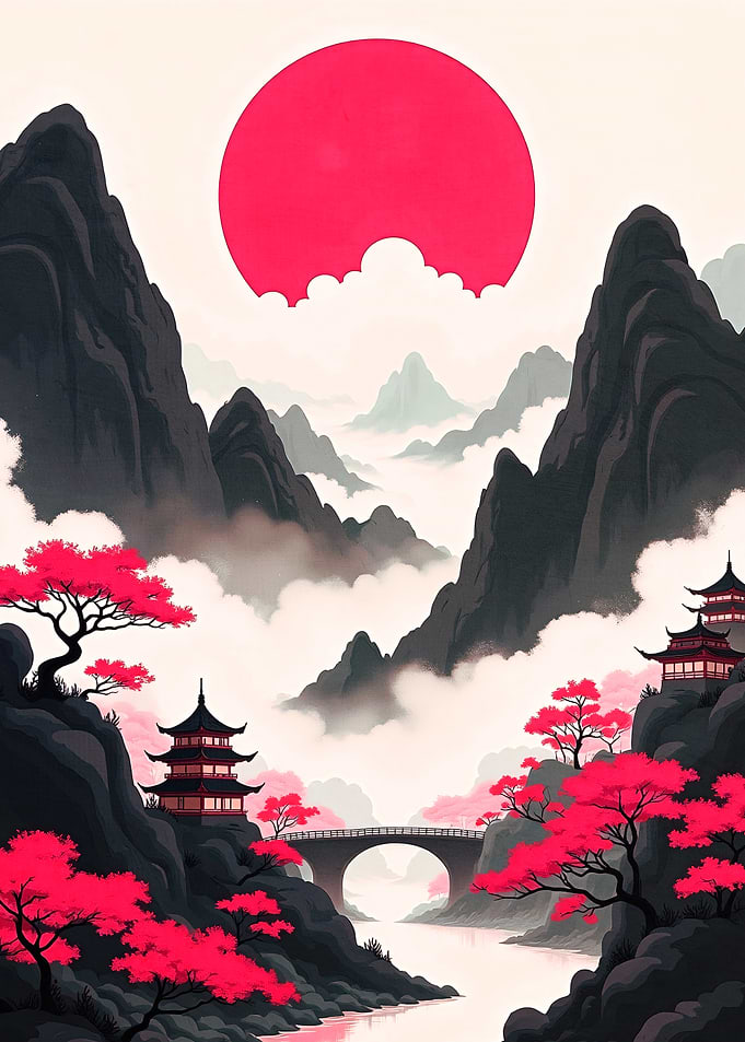 Japanese Mountains Under Red Moon Landscape