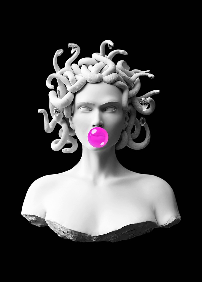 Medusa blowing pink bubblegum bubble
