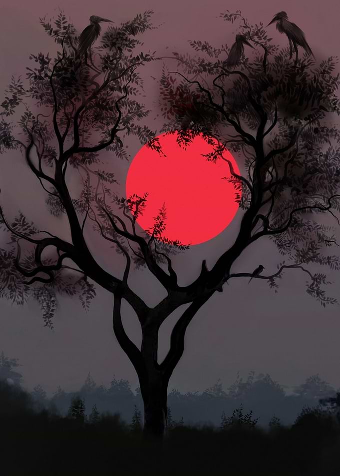 Silhouette Tree and Red Sun