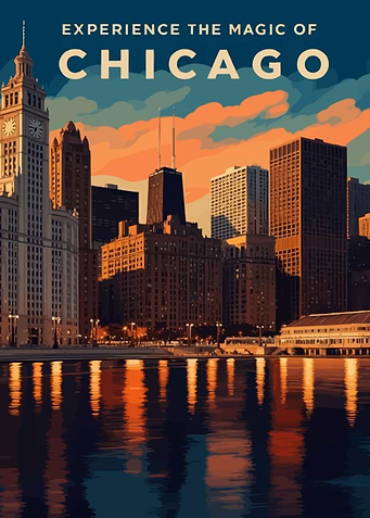 Chicago Skyline Sunset Travel Poster