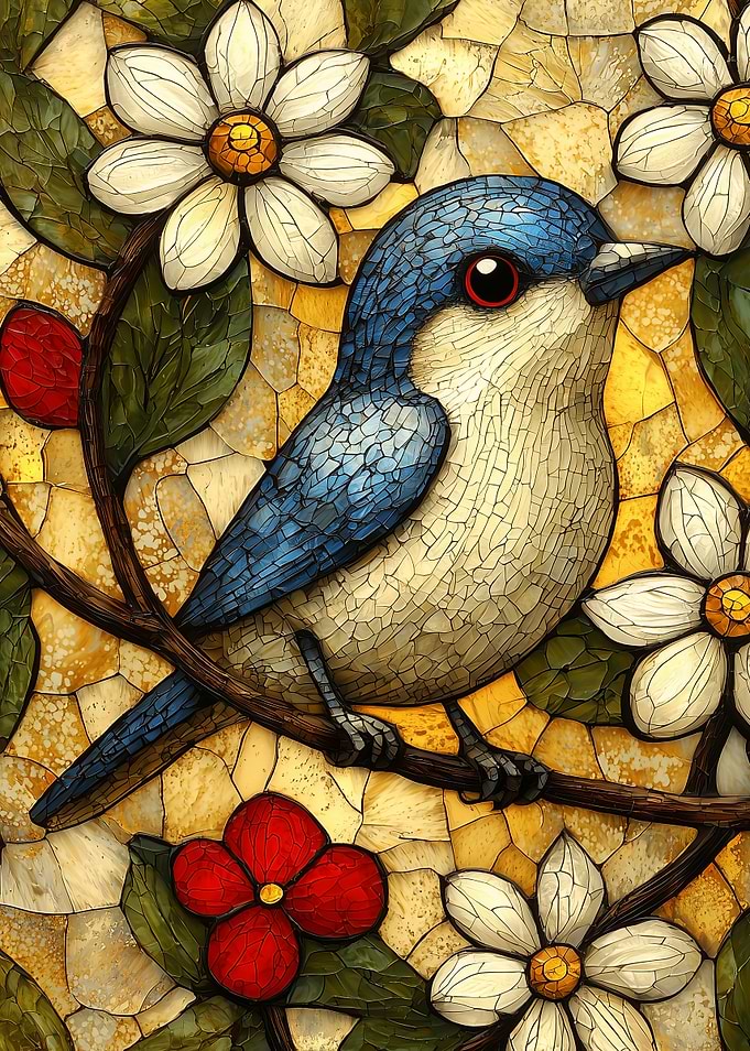 Mosaic Bird on Branch