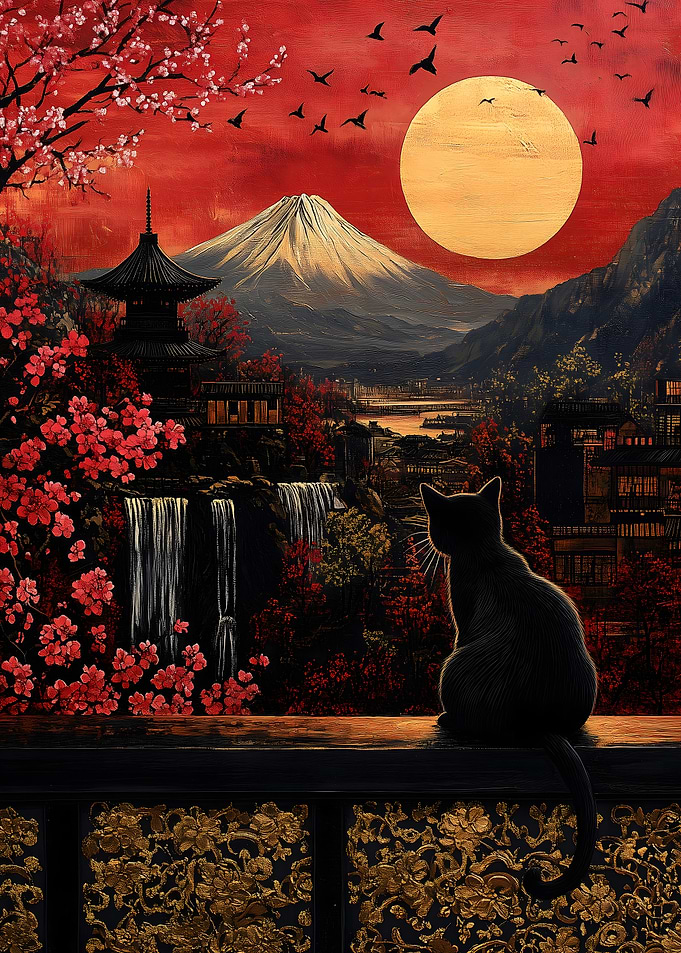 Black Cat & Mt. Fuji