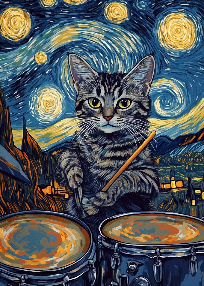 Cat Drummer Starry Night