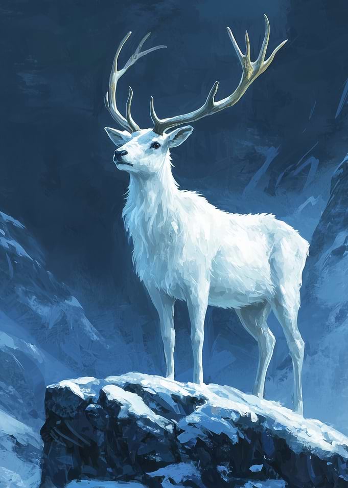 White Stag in Snowy Mountains